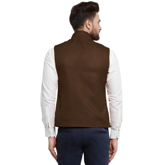 Sleeveless Traditional Jute Fabric Chocolate Brown Nehru Jacket by Treemoda - Picture 3 of 5